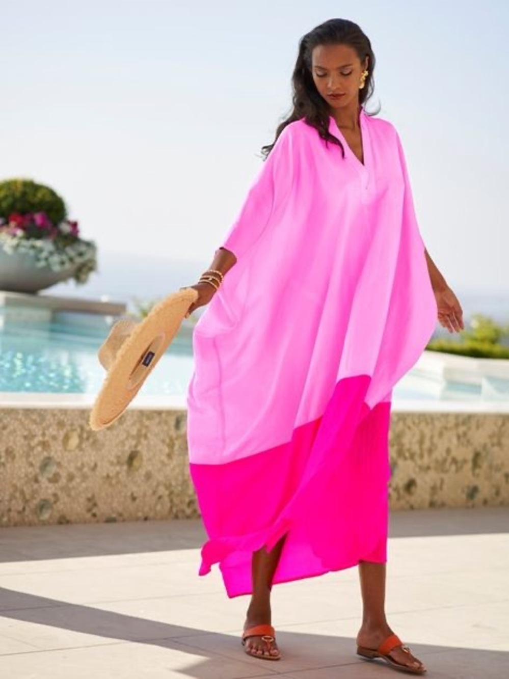 The Rose Ibiza Bicolor Tunica Caftan Long Dress Silk Boho Resort Pink Fuschia L